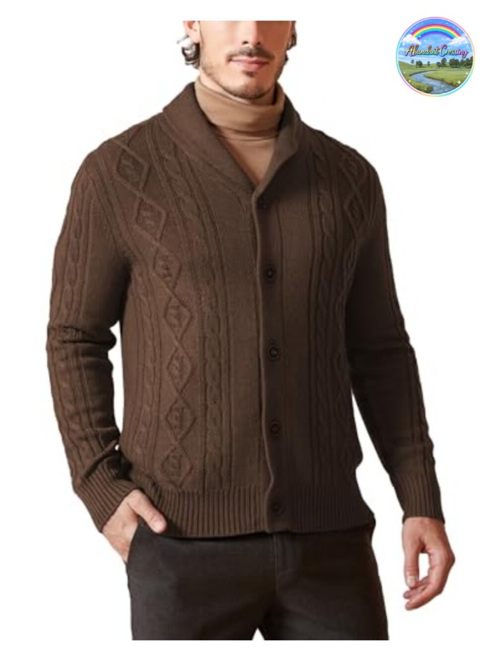 Wool Blend Cable Knit Shawl Collar Cardigan Button Up